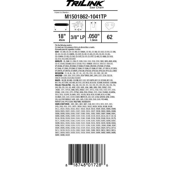 Trilink PRO Bar 18 inch Mini 3/8 LP .050 62DL for Makita DCS34 077-1807 Chainsaw M1501862-1041TP